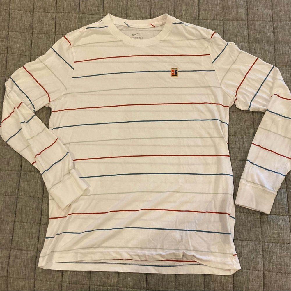 Nike Men's White Long Sleeve Shirt with Red and Blue Stripes